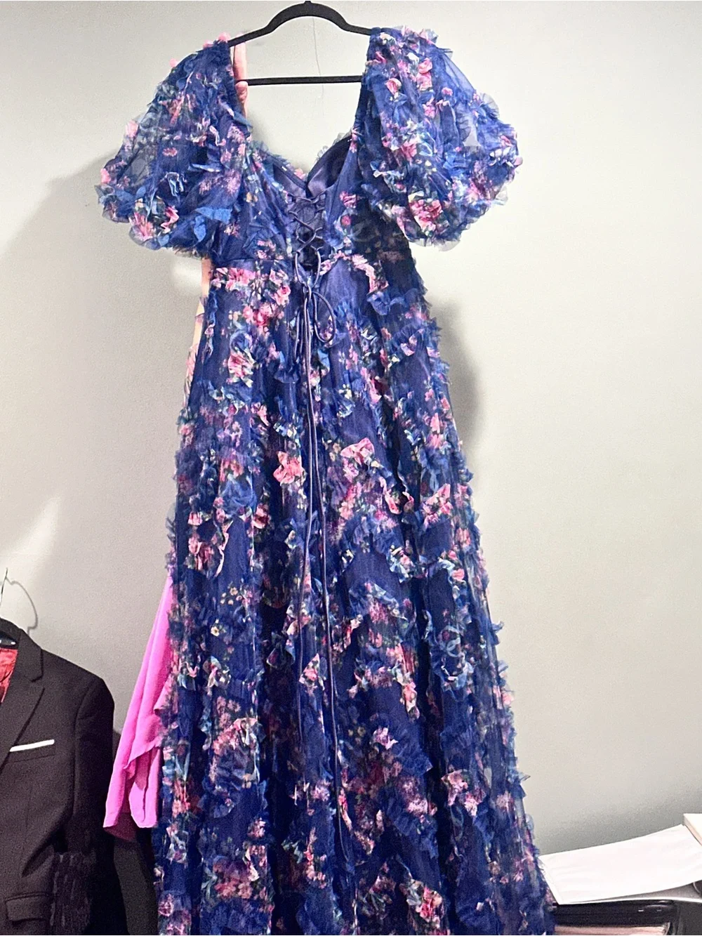 Navy Floral Lace-Up Girls' Formal Dress with Puff Sleeves